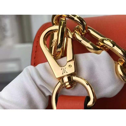 Louis Vuitton LV Women Twist MM Handbag Orange Raffia Smooth Cowhide Leather