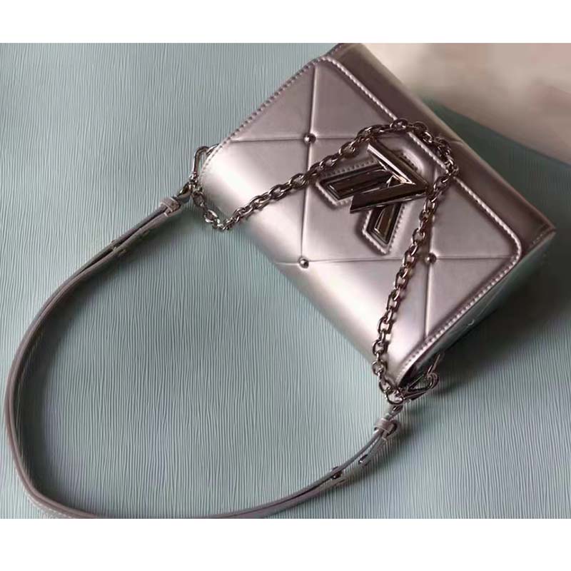 Louis Vuitton LV Women Twist PM Handbag Silver Argent Sheepskin Calfskin Leather