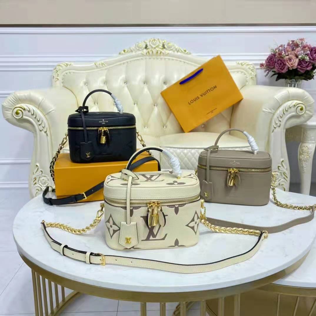 Louis Vuitton LV Women Vanity PM Handbag Tourterelle Beige Embossed Grained Cowhide Leather