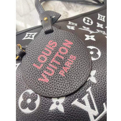 Louis Vuitton Women LV Neverfull MM Carryall Tote Bag Black Printed Embossed Grained Cowhide