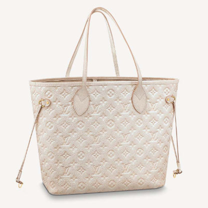 Louis Vuitton Women LV Neverfull MM Carryall Tote Beige Sprayed Embossed Grained Cowhide
