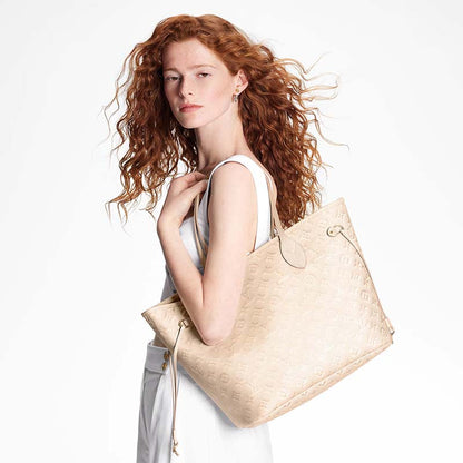 Louis Vuitton Women LV Neverfull MM Carryall Tote Beige Sprayed Embossed Grained Cowhide