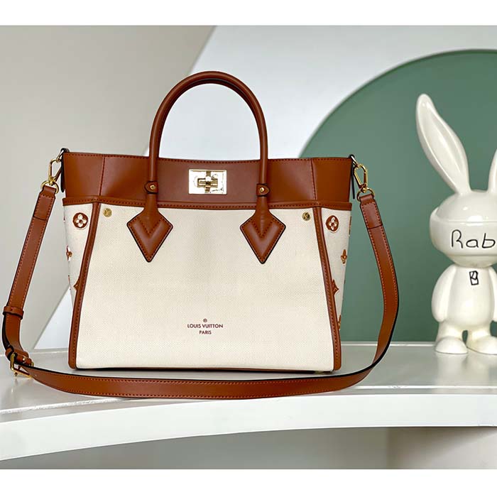 Louis Vuitton Women LV On My Side MM Tan Canvas Smooth Cowhide Leather