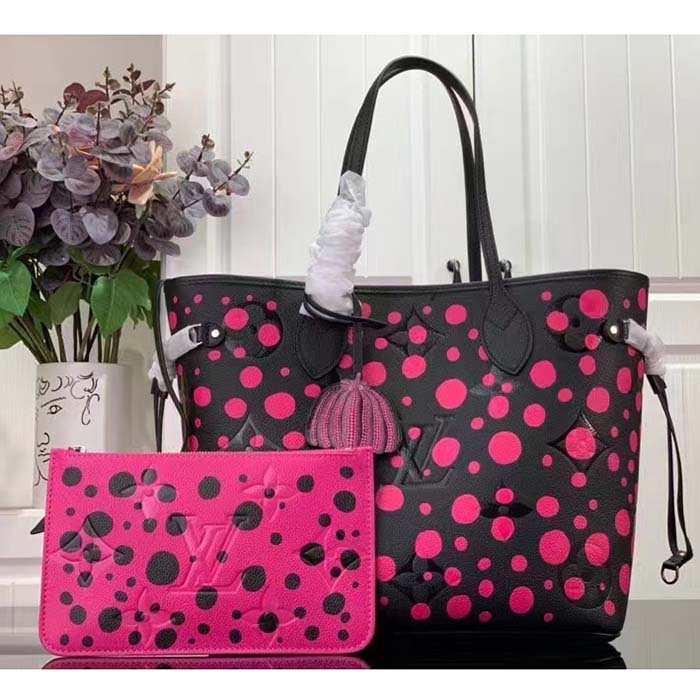 Louis Vuitton Women LV x YK Neverfull MM Black Fuchsia Embossed Grained Monogram Empreinte Cowhide