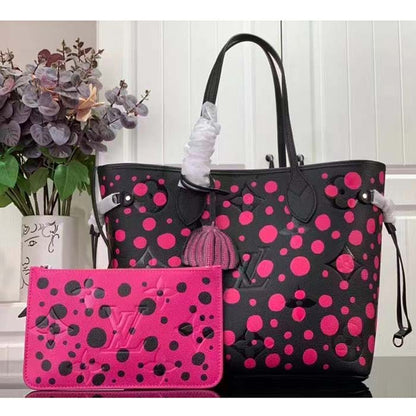Louis Vuitton Women LV x YK Neverfull MM Black Fuchsia Embossed Grained Monogram Empreinte Cowhide