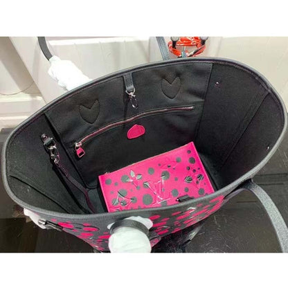 Louis Vuitton Women LV x YK Neverfull MM Black Fuchsia Embossed Grained Monogram Empreinte Cowhide
