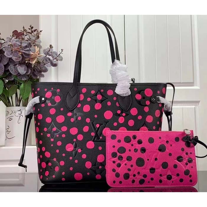 Louis Vuitton Women LV x YK Neverfull MM Black Fuchsia Embossed Grained Monogram Empreinte Cowhide