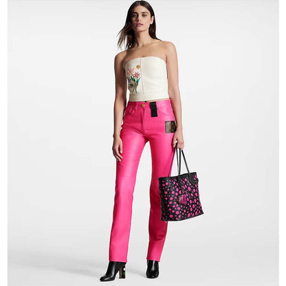 Louis Vuitton Women LV x YK Neverfull MM Black Fuchsia Embossed Grained Monogram Empreinte Cowhide