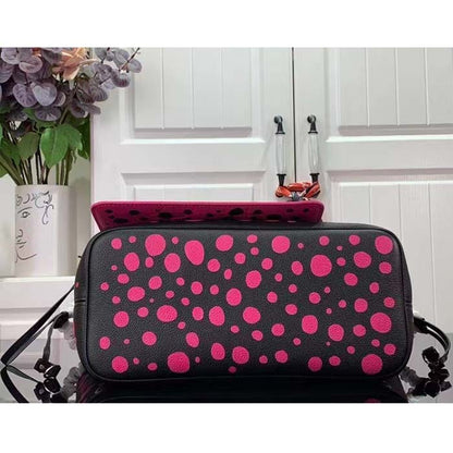 Louis Vuitton Women LV x YK Neverfull MM Black Fuchsia Embossed Grained Monogram Empreinte Cowhide
