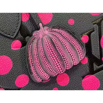 Louis Vuitton Women LV x YK Neverfull MM Black Fuchsia Embossed Grained Monogram Empreinte Cowhide