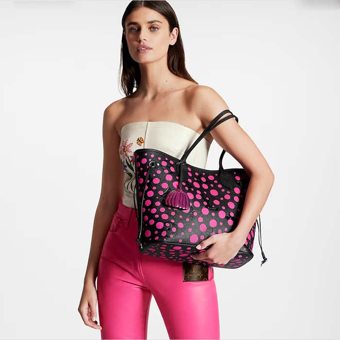 Louis Vuitton Women LV x YK Neverfull MM Black Fuchsia Embossed Grained Monogram Empreinte Cowhide