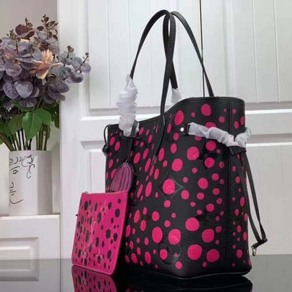 Louis Vuitton Women LV x YK Neverfull MM Black Fuchsia Embossed Grained Monogram Empreinte Cowhide
