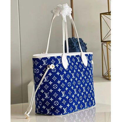 Louis Vuitton Women Neverfull MM Tote Blue Monogram Jacquard Velvet Cowhide Leather