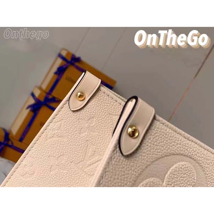 Louis Vuitton Women Onthego MM Tote Bag Crème Beige Embossed Grained Cowhide Leather