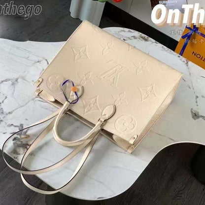 Louis Vuitton Women Onthego MM Tote Bag Crème Beige Embossed Grained Cowhide Leather