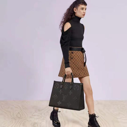 Louis Vuitton Women Onthego MM Tote Bag Black Embossed Grained Cowhide