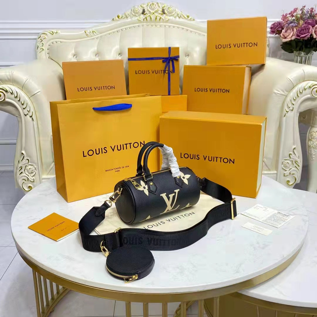 Louis Vuitton Women Papillon BB Black Beige Embossed Supple Grained Cowhide Leather