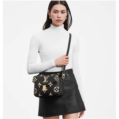 Louis Vuitton Women Pochette Metis Black Beige Embossed Grained Cowhide Leather