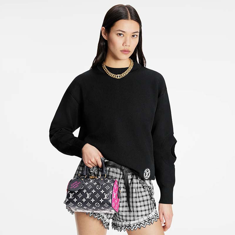 Louis Vuitton Women Speedy Bandouliere 20 Bag Black Printed Embossed Grained Cowhide