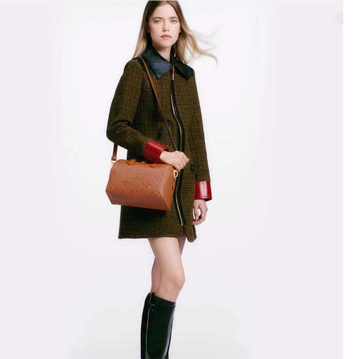 Louis Vuitton Women Speedy Bandoulière 25 Handbag Cognac Brown Embossed Grained Cowhide Leather