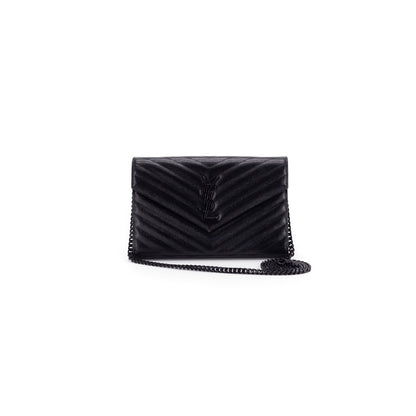 SAINT LAURENT MONOGRAM CHAIN WALLET IN GRAIN DE POUDRE EMBOSSED LEATHER BLACK