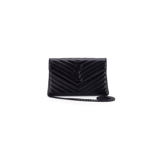 SAINT LAURENT MONOGRAM CHAIN WALLET IN GRAIN DE POUDRE EMBOSSED LEATHER BLACK