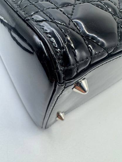 Pre-owned Certified Dior Medium Lady Dior Black Patent Leather with Silver Hardware, 2015, w/ dust bag, strap