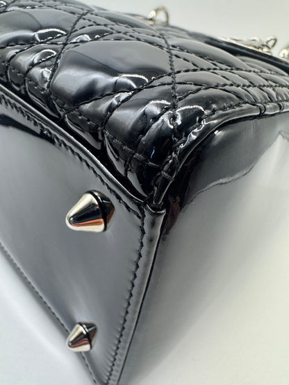Pre-owned Certified Dior Medium Lady Dior Black Patent Leather with Silver Hardware, 2015, w/ dust bag, strap