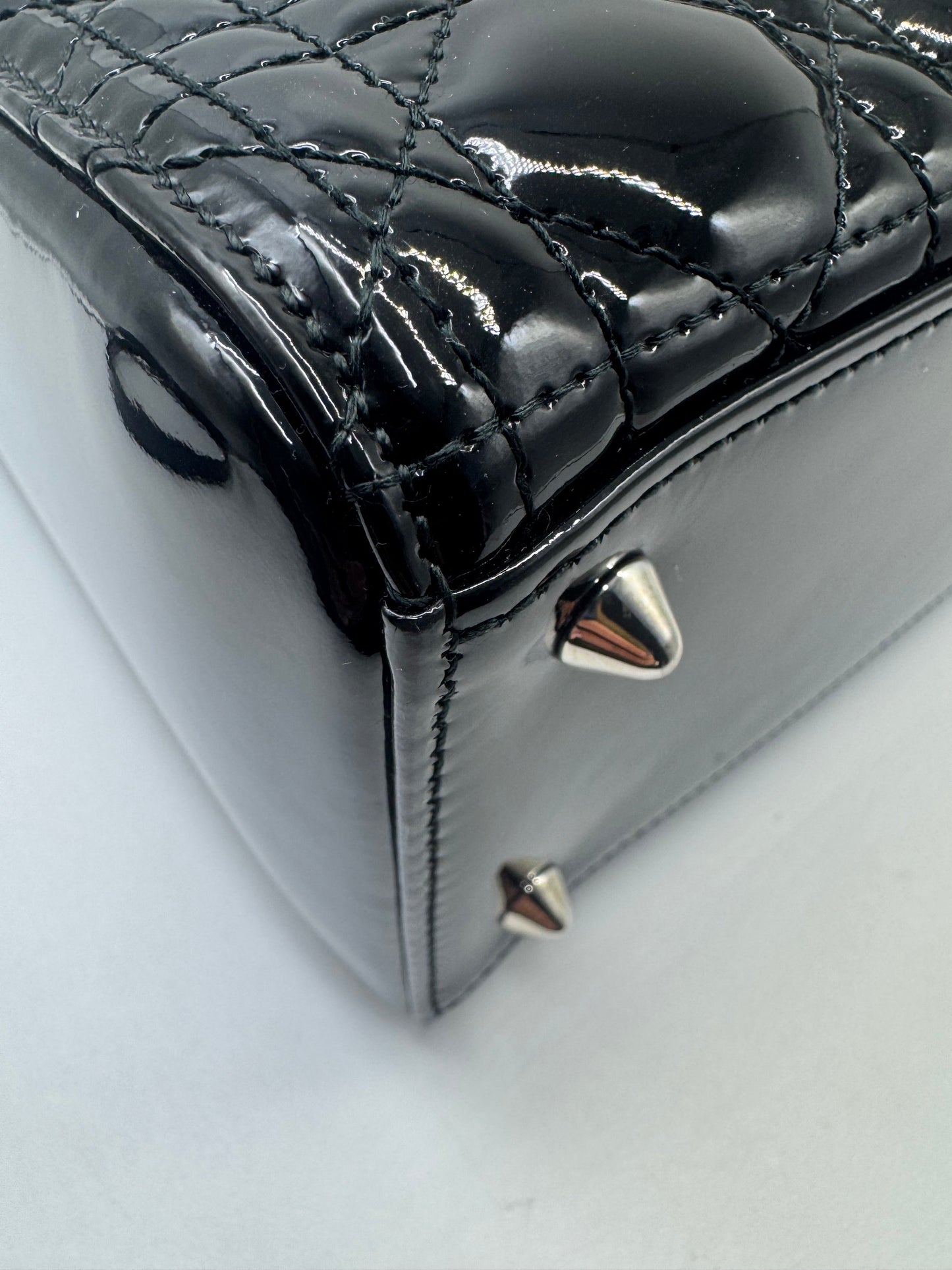Pre-owned Certified Dior Medium Lady Dior Black Patent Leather with Silver Hardware, 2015, w/ dust bag, strap