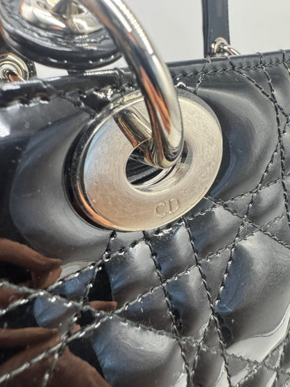 Pre-owned Certified Dior Medium Lady Dior Black Patent Leather with Silver Hardware, 2015, w/ dust bag, strap