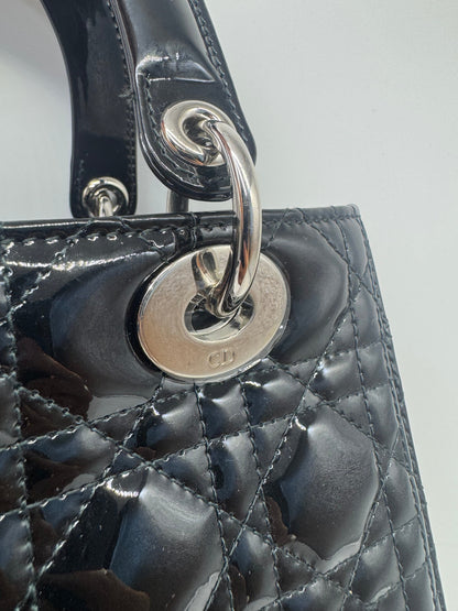 Pre-owned Certified Dior Medium Lady Dior Black Patent Leather with Silver Hardware, 2015, w/ dust bag, strap