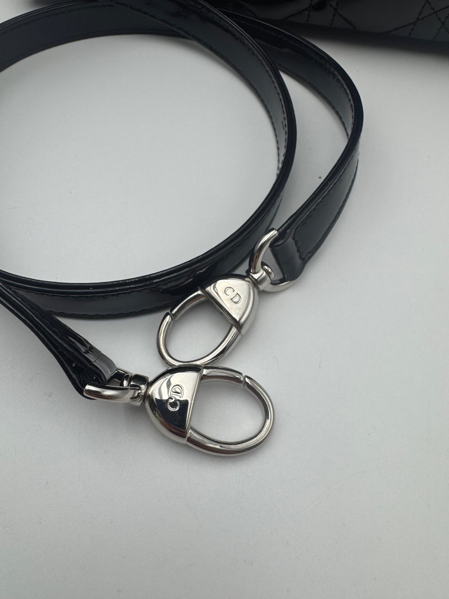 Pre-owned Certified Dior Medium Lady Dior Black Patent Leather with Silver Hardware, 2015, w/ dust bag, strap