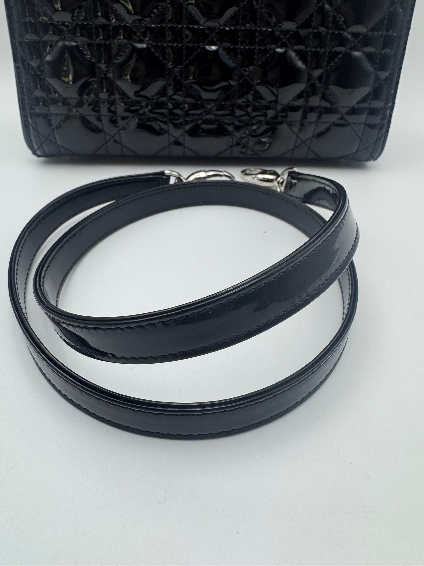 Pre-owned Certified Dior Medium Lady Dior Black Patent Leather with Silver Hardware, 2015, w/ dust bag, strap