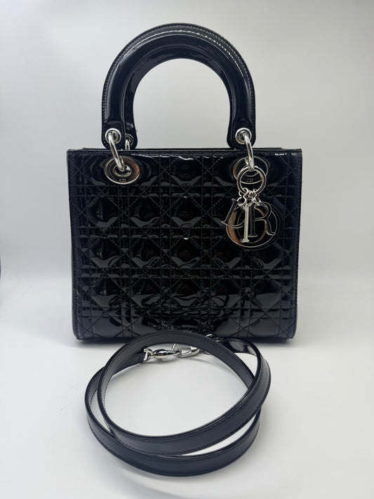 Pre-owned Certified Dior Medium Lady Dior Black Patent Leather with Silver Hardware, 2015, w/ dust bag, strap