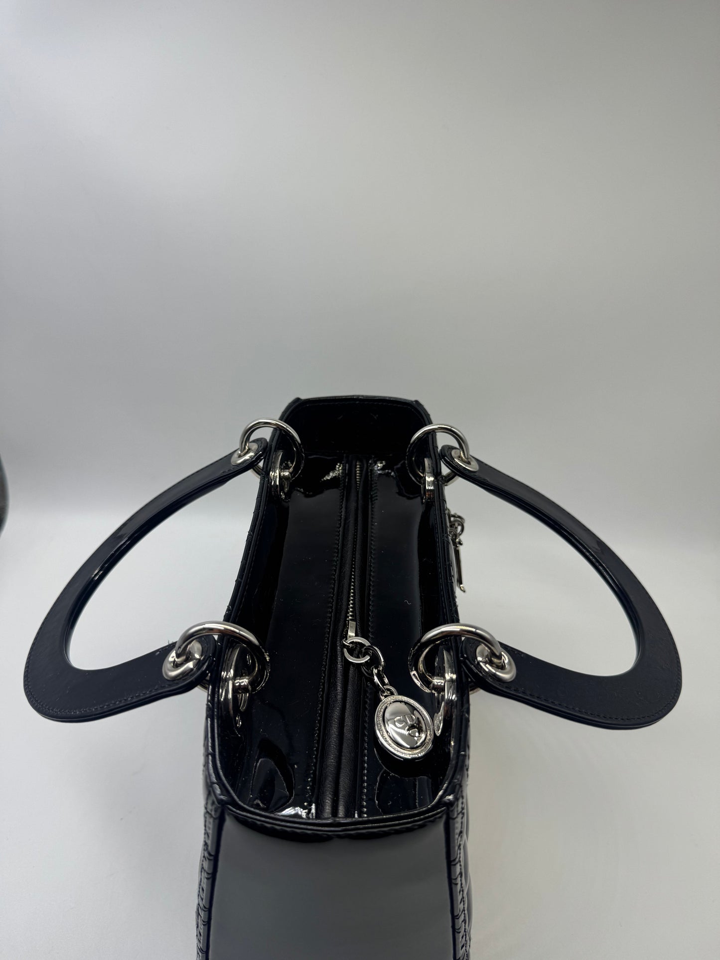 Pre-owned Certified Dior Medium Lady Dior Black Patent Leather with Silver Hardware, 2015, w/ dust bag, strap