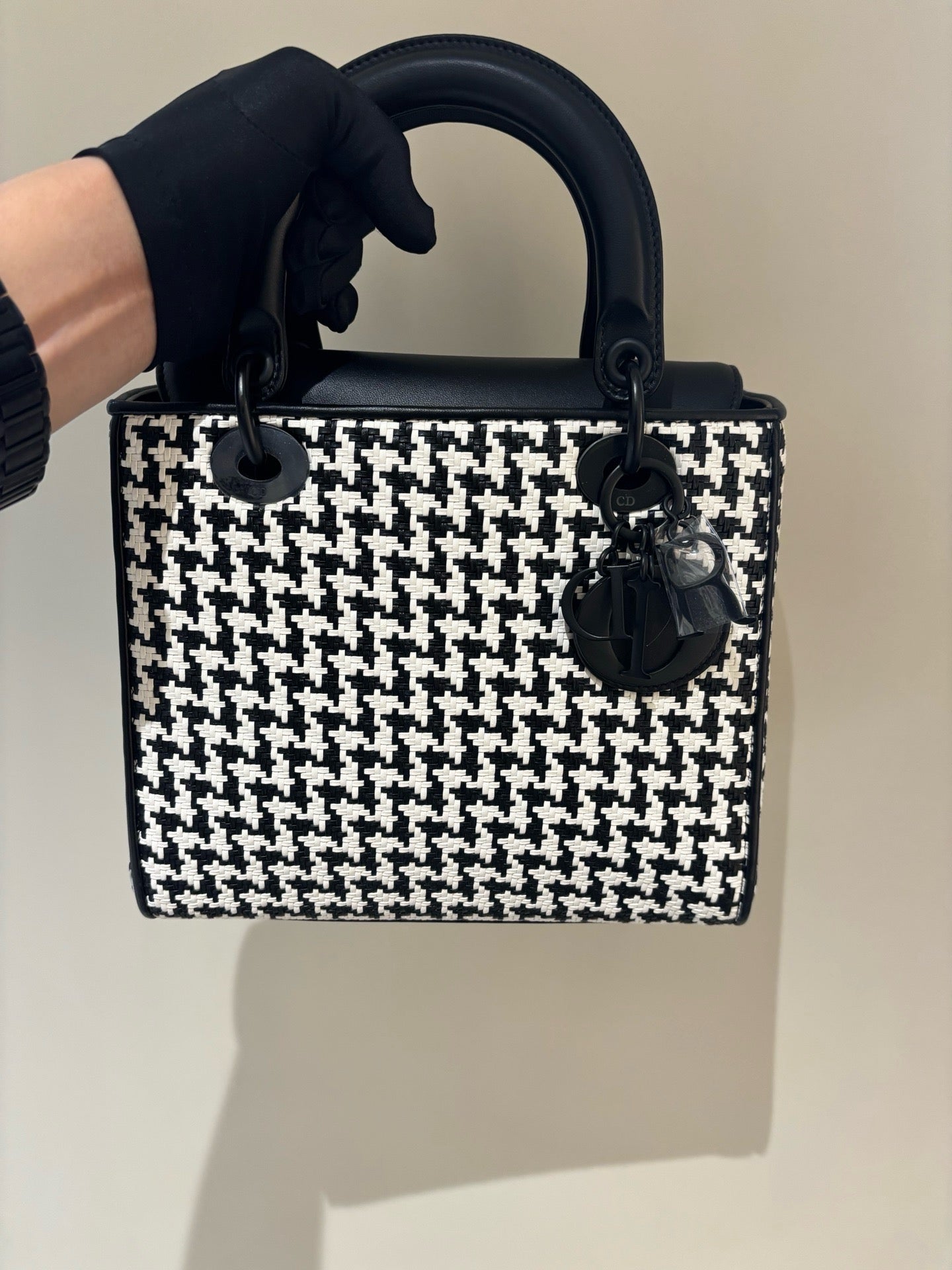 Pre-owned Certified Dior Limited Edition Medium Lady Dior Lambskin Woven Houndstooth with So Black Hardware, 2019, Full Set