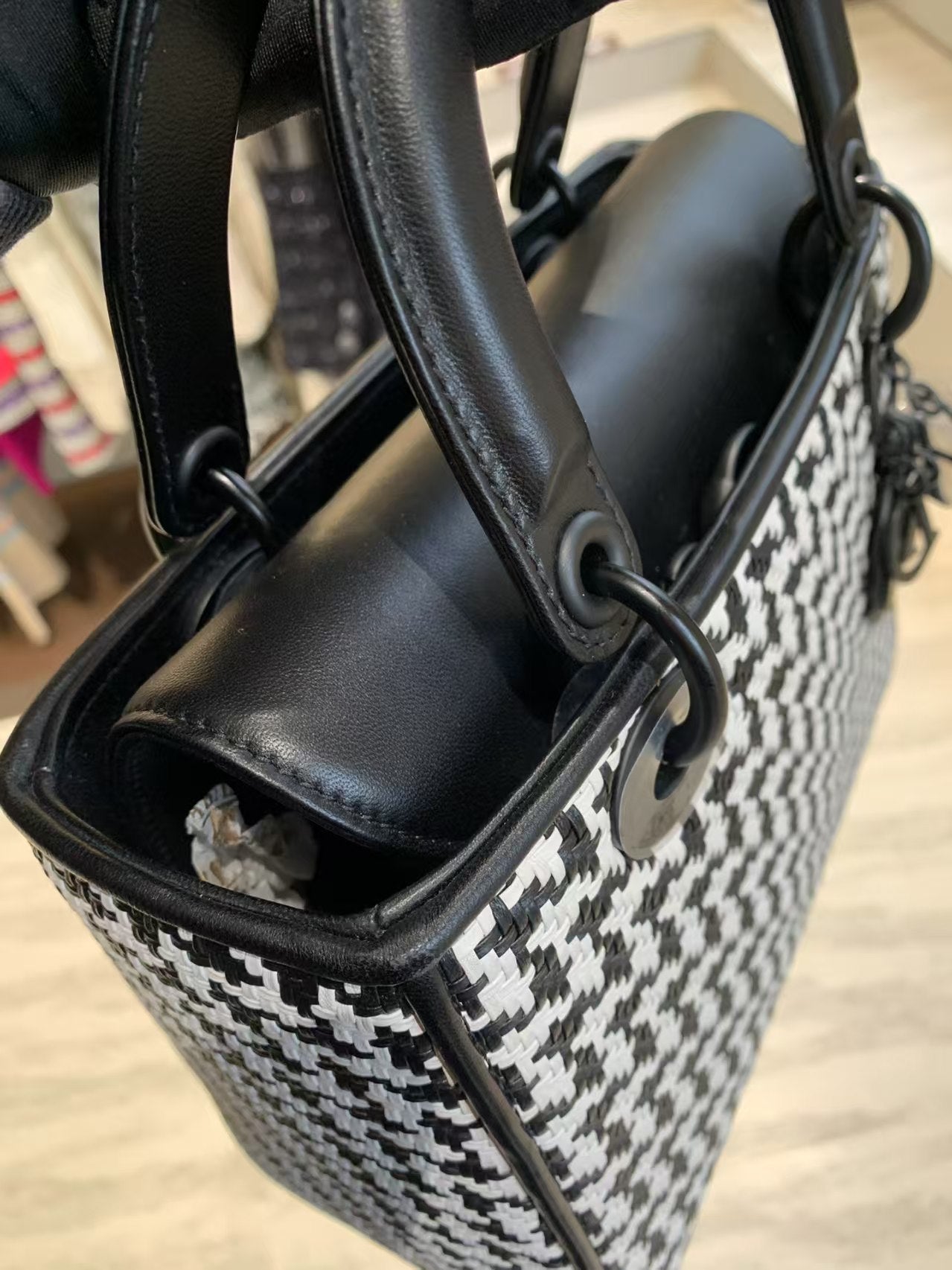 Pre-owned Certified Dior Limited Edition Medium Lady Dior Lambskin Woven Houndstooth with So Black Hardware, 2019, Full Set