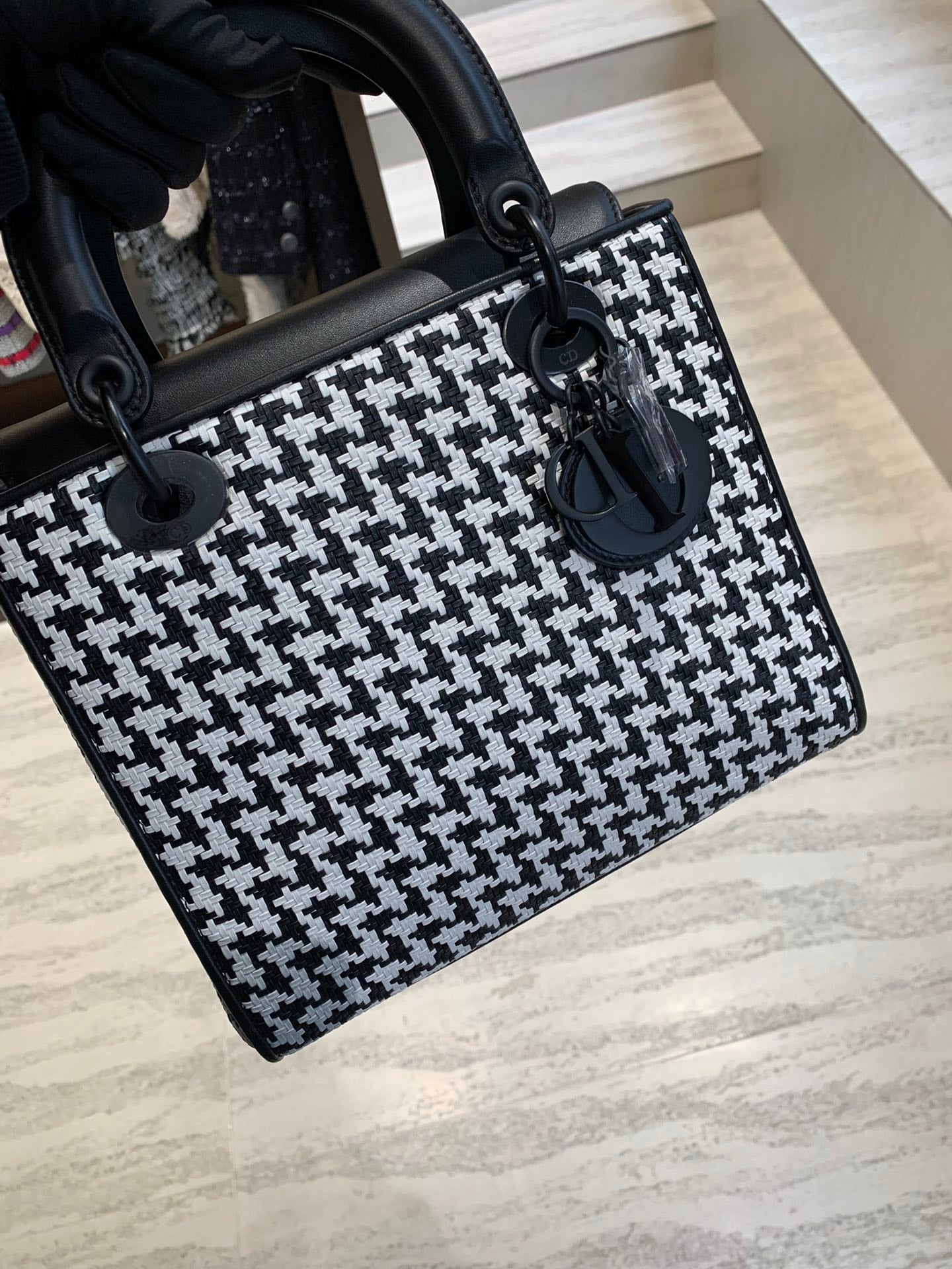 Pre-owned Certified Dior Limited Edition Medium Lady Dior Lambskin Woven Houndstooth with So Black Hardware, 2019, Full Set