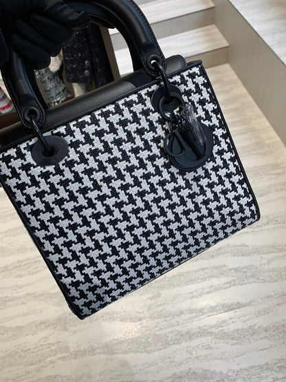 Pre-owned Certified Dior Limited Edition Medium Lady Dior Lambskin Woven Houndstooth with So Black Hardware, 2019, Full Set