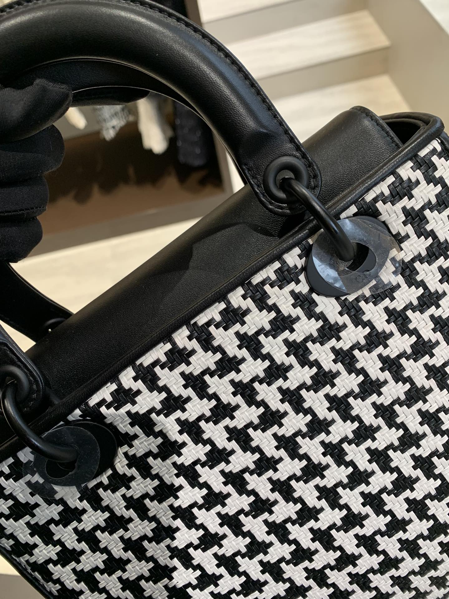 Pre-owned Certified Dior Limited Edition Medium Lady Dior Lambskin Woven Houndstooth with So Black Hardware, 2019, Full Set