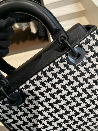 Pre-owned Certified Dior Limited Edition Medium Lady Dior Lambskin Woven Houndstooth with So Black Hardware, 2019, Full Set
