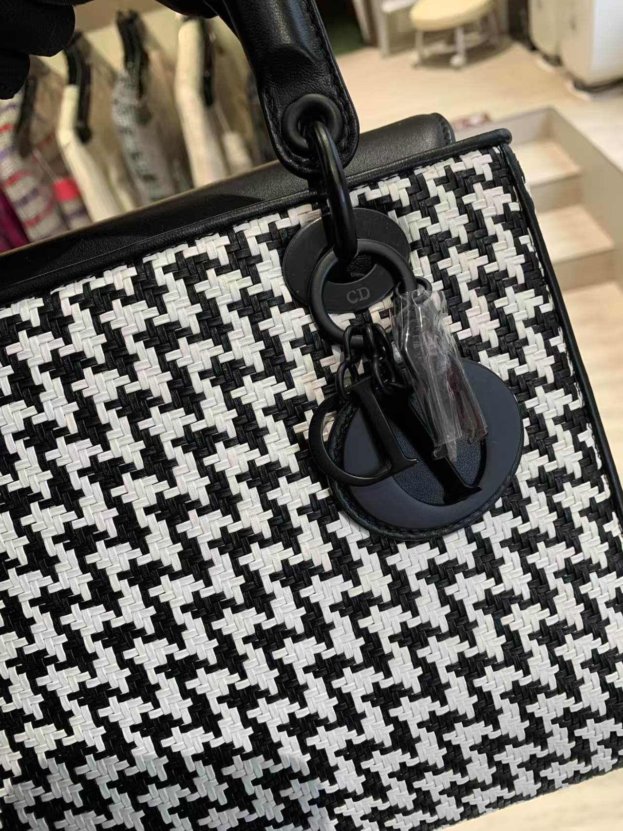 Pre-owned Certified Dior Limited Edition Medium Lady Dior Lambskin Woven Houndstooth with So Black Hardware, 2019, Full Set