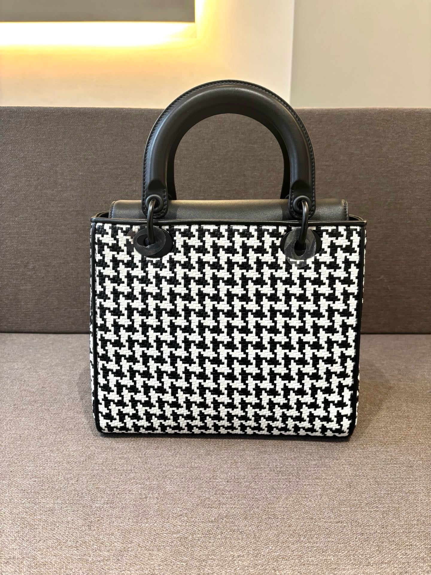 Pre-owned Certified Dior Limited Edition Medium Lady Dior Lambskin Woven Houndstooth with So Black Hardware, 2019, Full Set