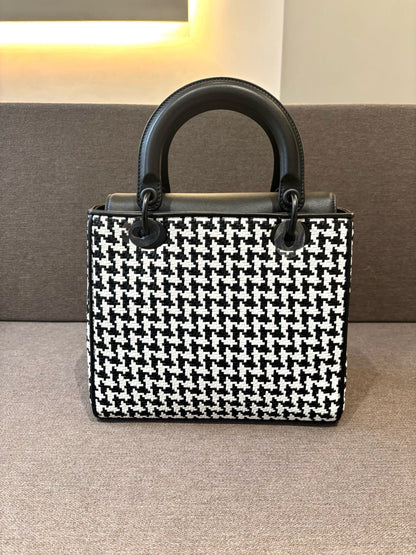 Pre-owned Certified Dior Limited Edition Medium Lady Dior Lambskin Woven Houndstooth with So Black Hardware, 2019, Full Set