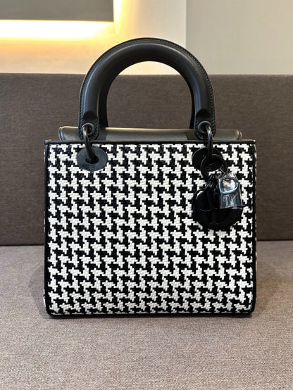 Pre-owned Certified Dior Limited Edition Medium Lady Dior Lambskin Woven Houndstooth with So Black Hardware, 2019, Full Set