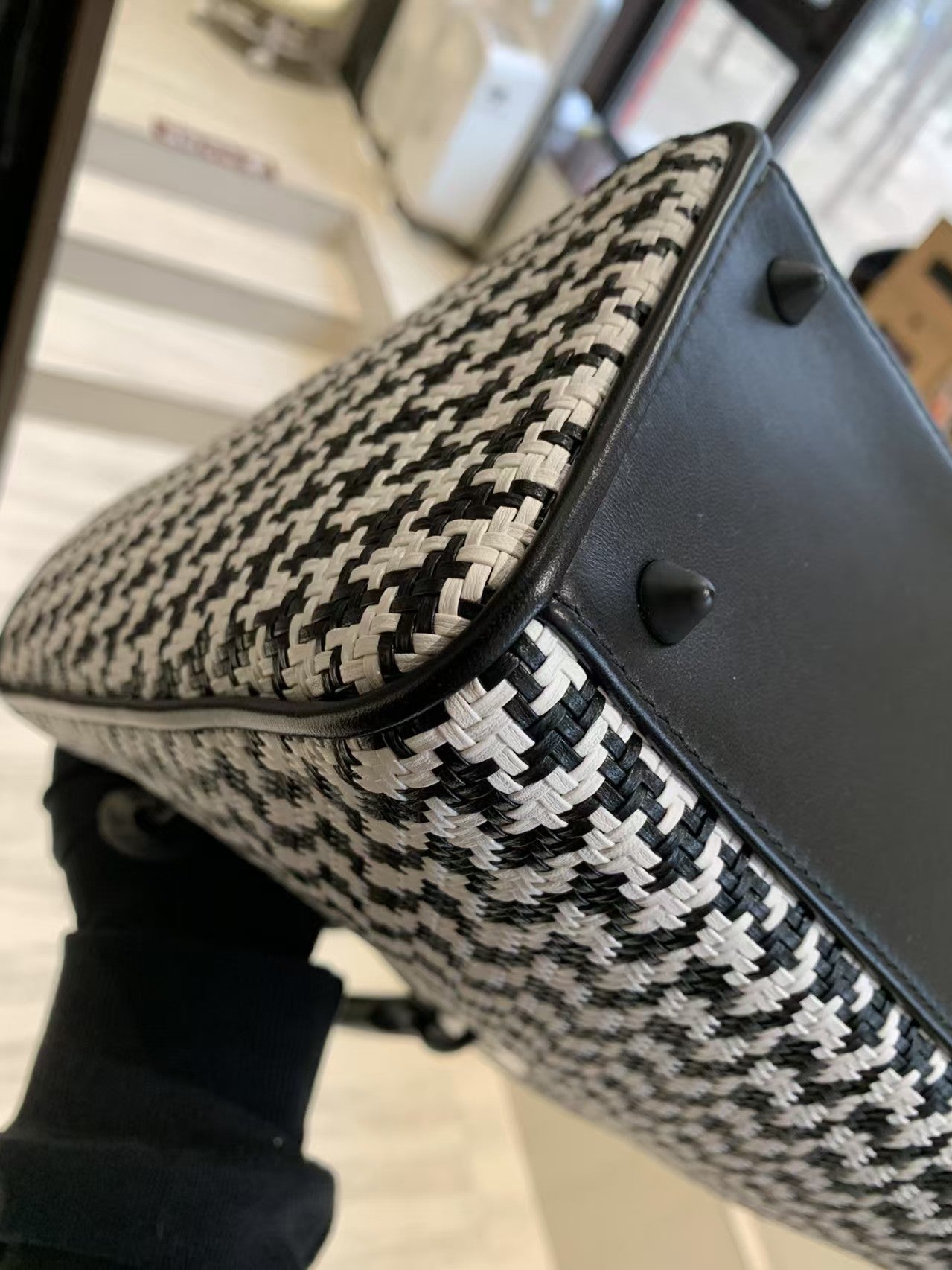 Pre-owned Certified Dior Limited Edition Medium Lady Dior Lambskin Woven Houndstooth with So Black Hardware, 2019, Full Set