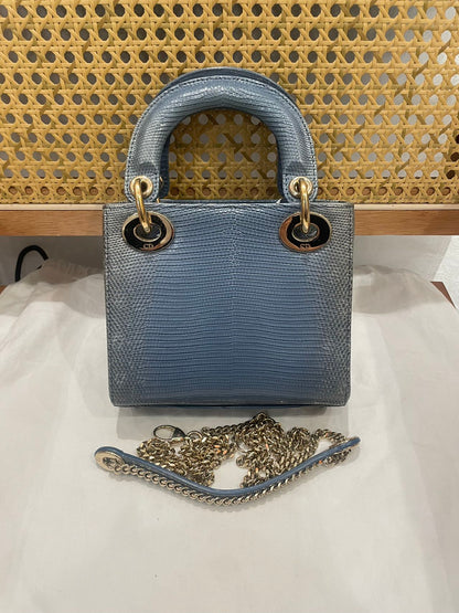 Pre-owned Certified Dior Mini Lady Dior Natural Rare Lizard Skin Blue Ombre Light Golden Hardware, 2022, w/ Full Set