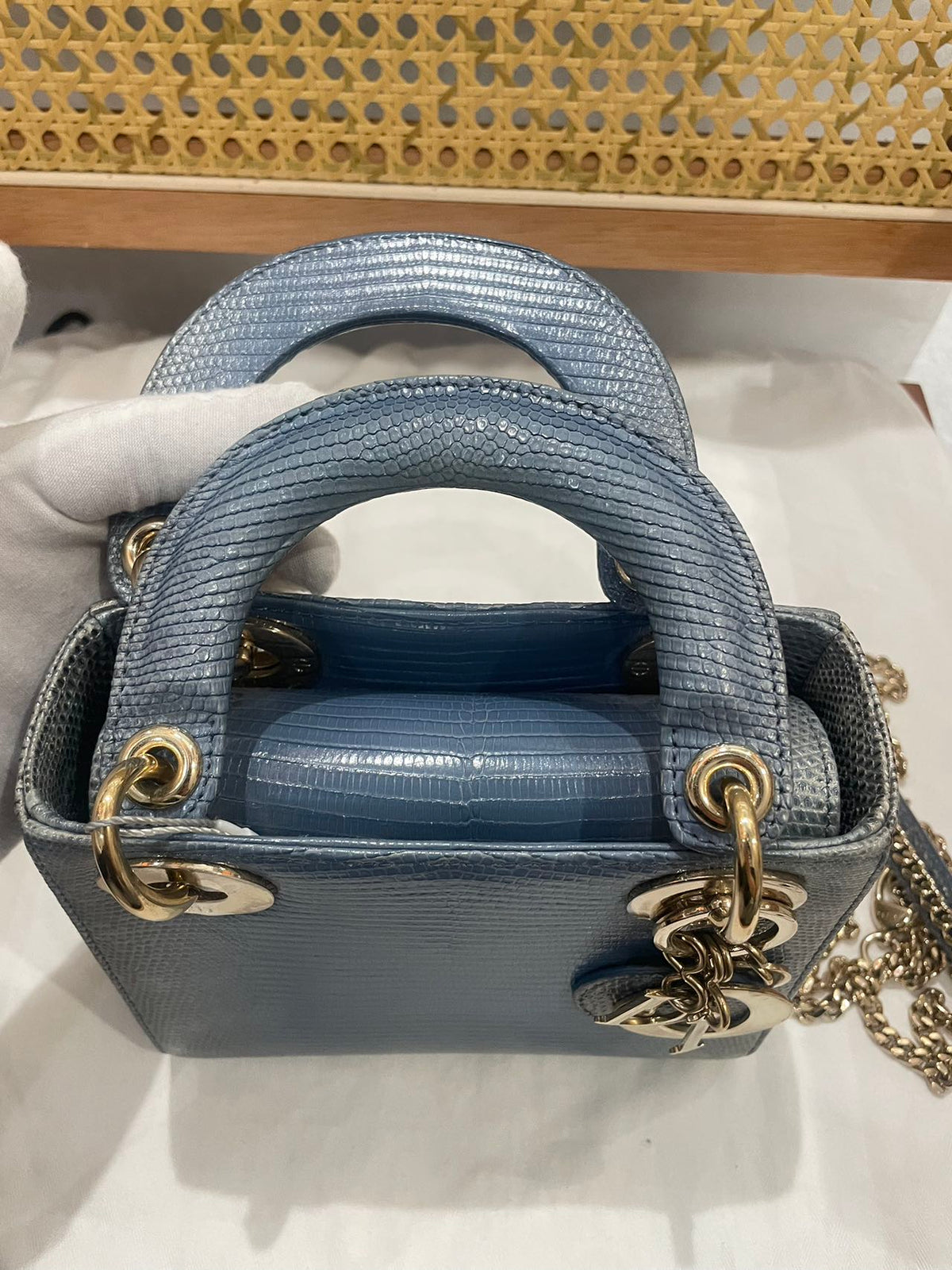 Pre-owned Certified Dior Mini Lady Dior Natural Rare Lizard Skin Blue Ombre Light Golden Hardware, 2022, w/ Full Set