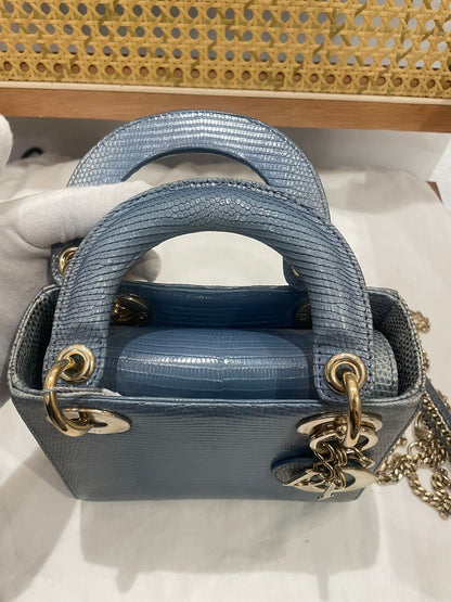 Pre-owned Certified Dior Mini Lady Dior Natural Rare Lizard Skin Blue Ombre Light Golden Hardware, 2022, w/ Full Set