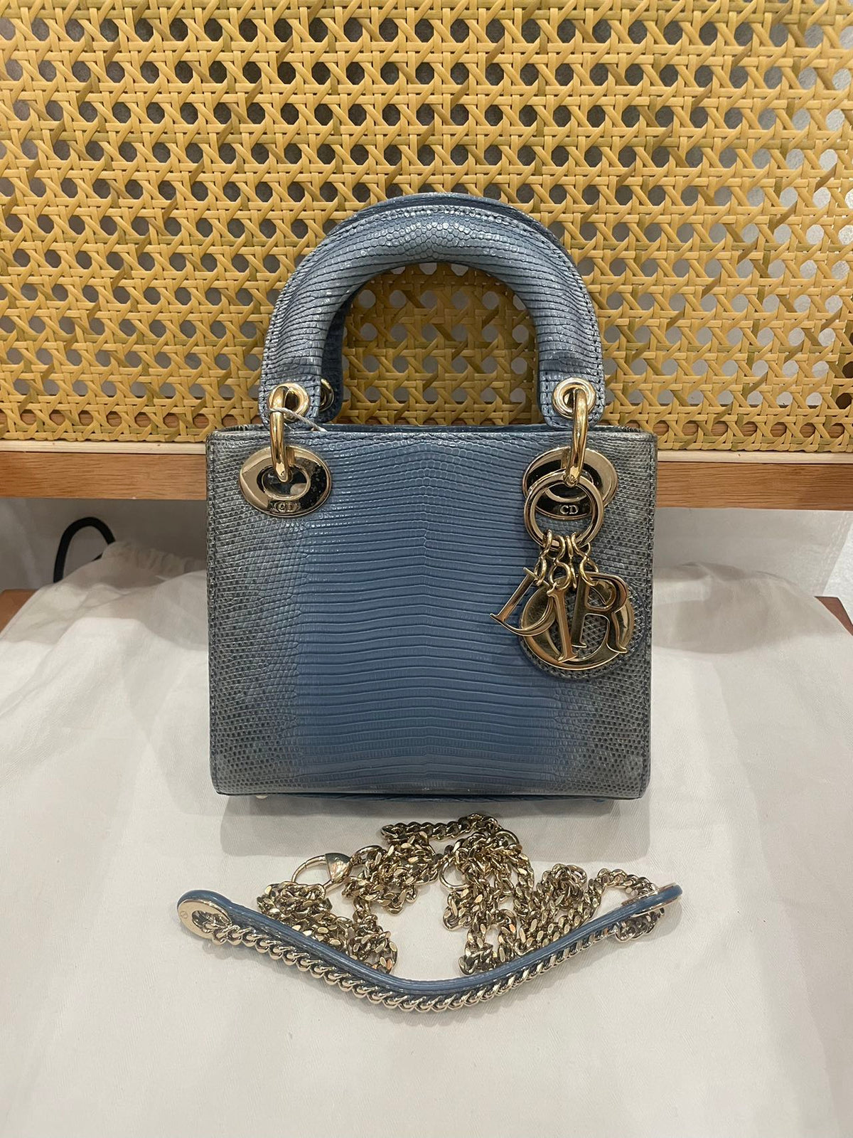 Pre-owned Certified Dior Mini Lady Dior Natural Rare Lizard Skin Blue Ombre Light Golden Hardware, 2022, w/ Full Set